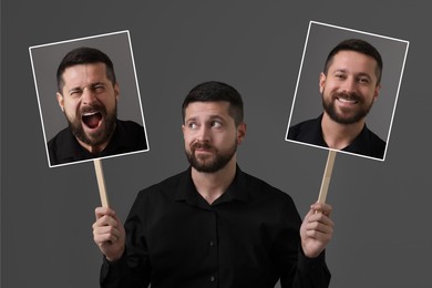 Image of Man holding his photo portraits showing different emotions on grey background. Balanced personality