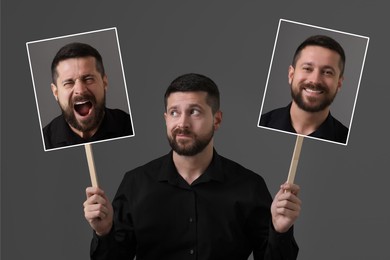 Man holding his photo portraits showing different emotions on grey background. Balanced personality