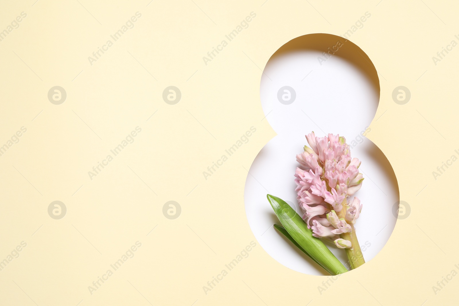 Photo of 8 March greeting card design with hyacinth and space for text, top view. Happy International Women's Day