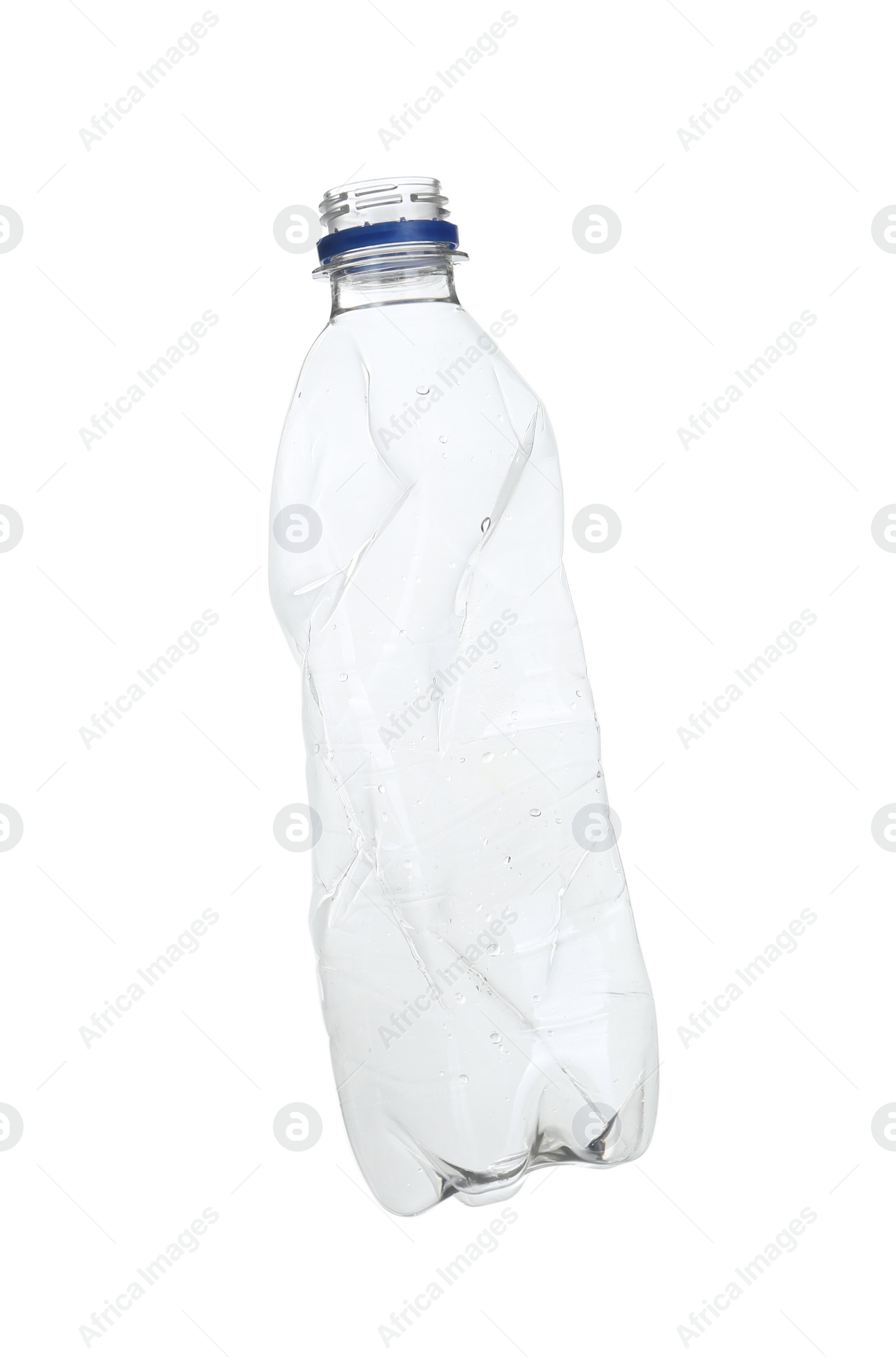 Photo of Empty crumpled bottle isolated on white. Plastic recycling