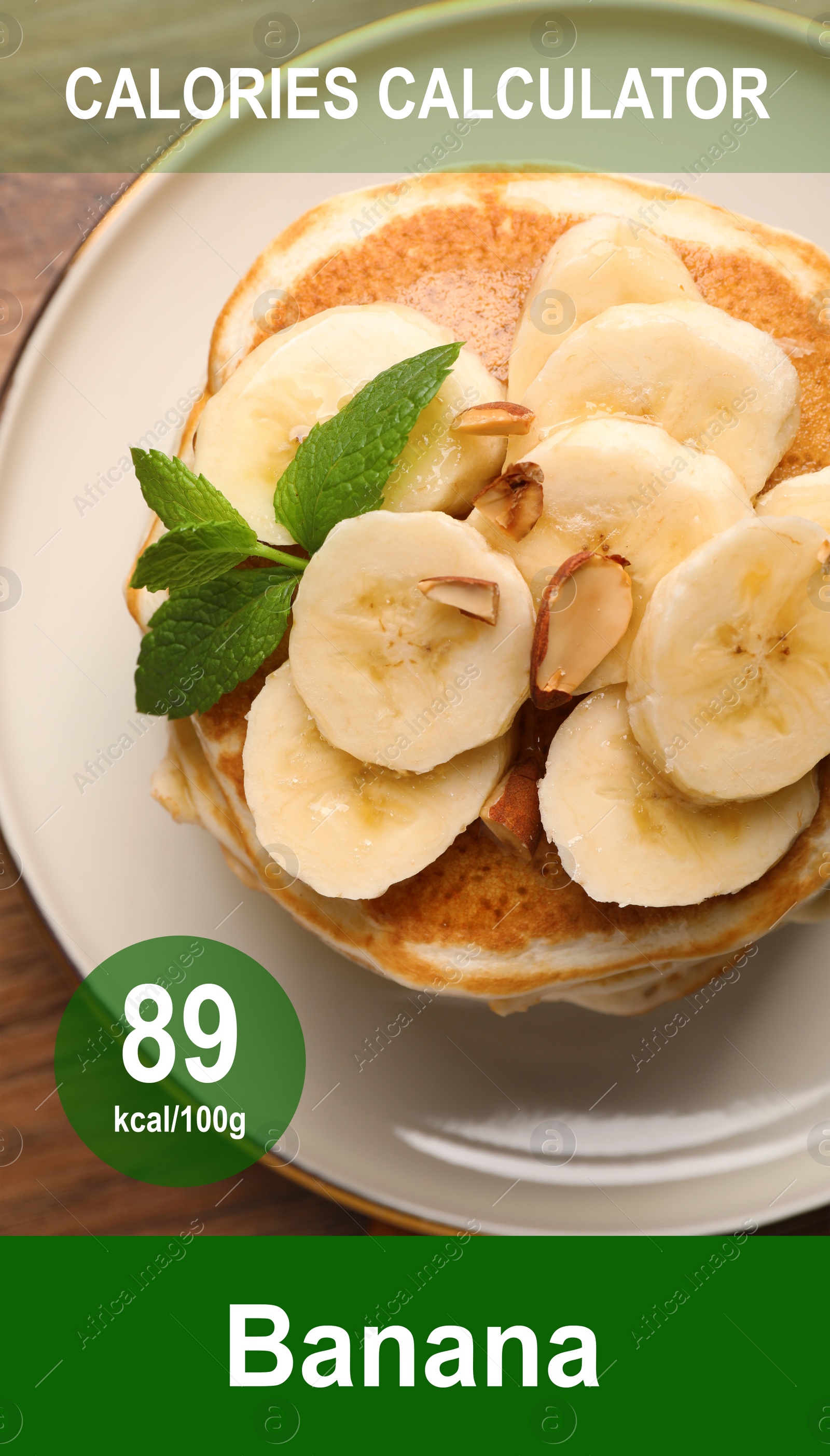 Image of Weight loss concept. Calories calculator app with image of tasty pancakes with banana and its caloric content
