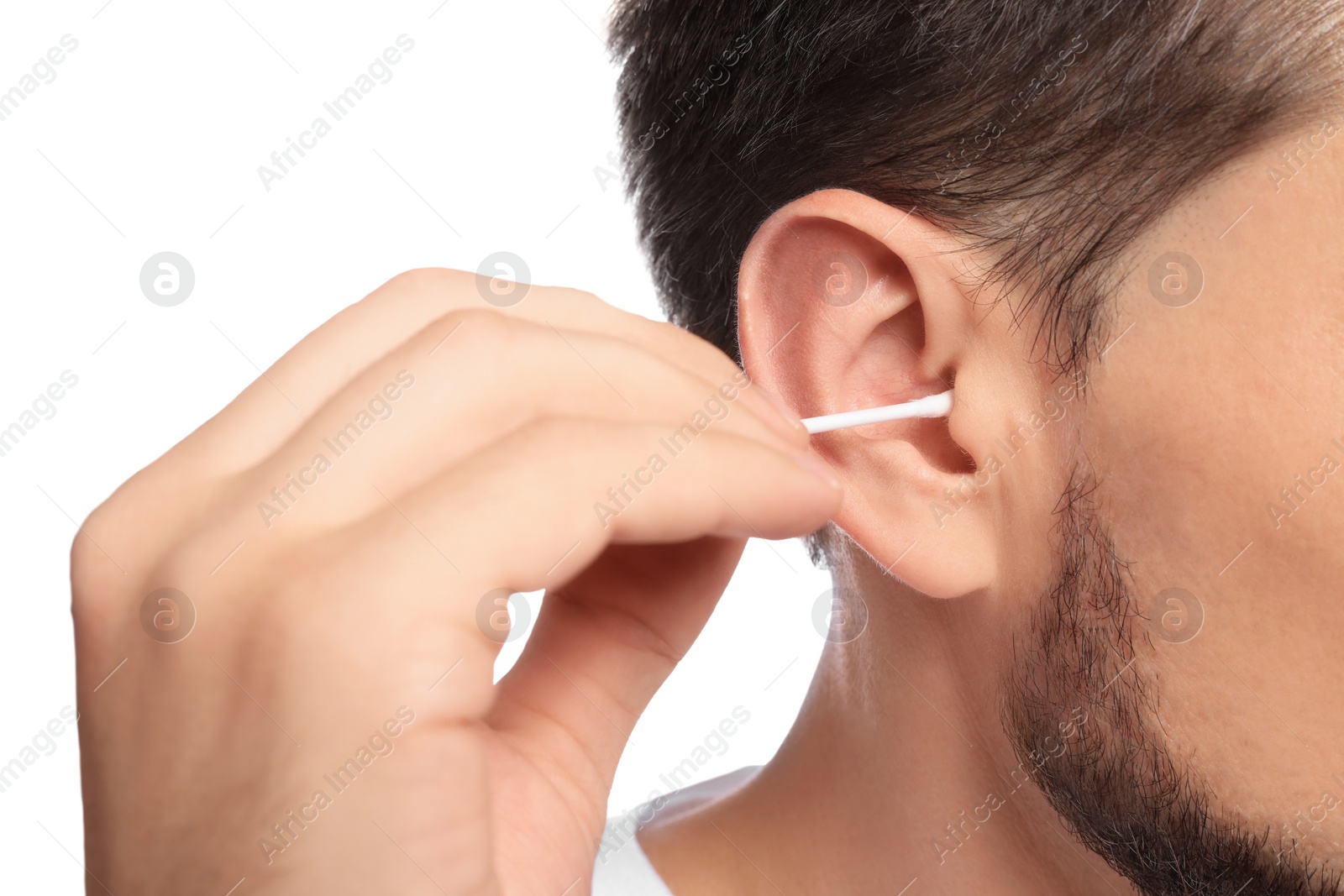 Photo of Man cleaning ears on white background, closeup