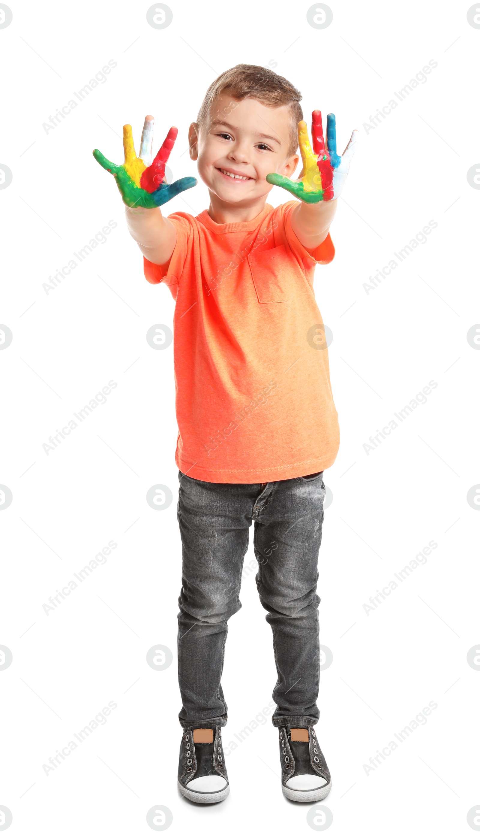 Photo of Little child with painted hands on white background