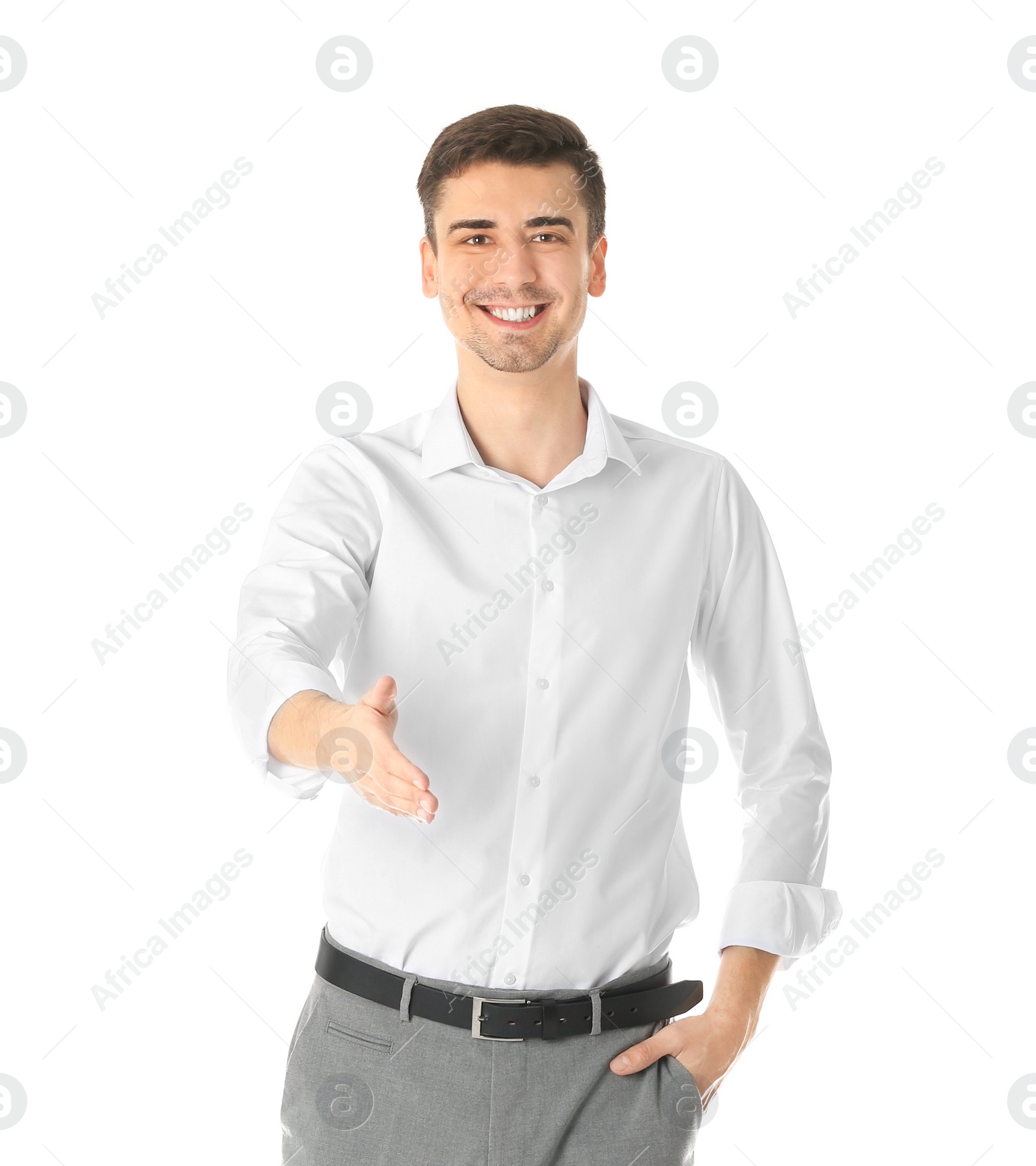 Photo of Business trainer reaching out for handshake on white background