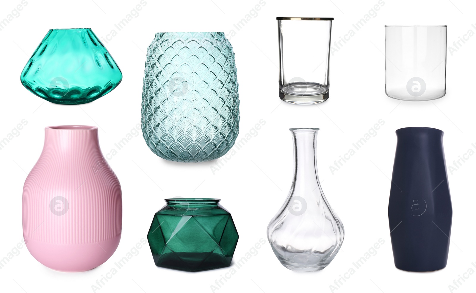 Image of Collage with different stylish vases on white background