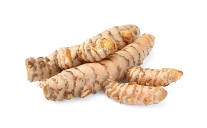 Fresh whole turmeric roots isolated on white