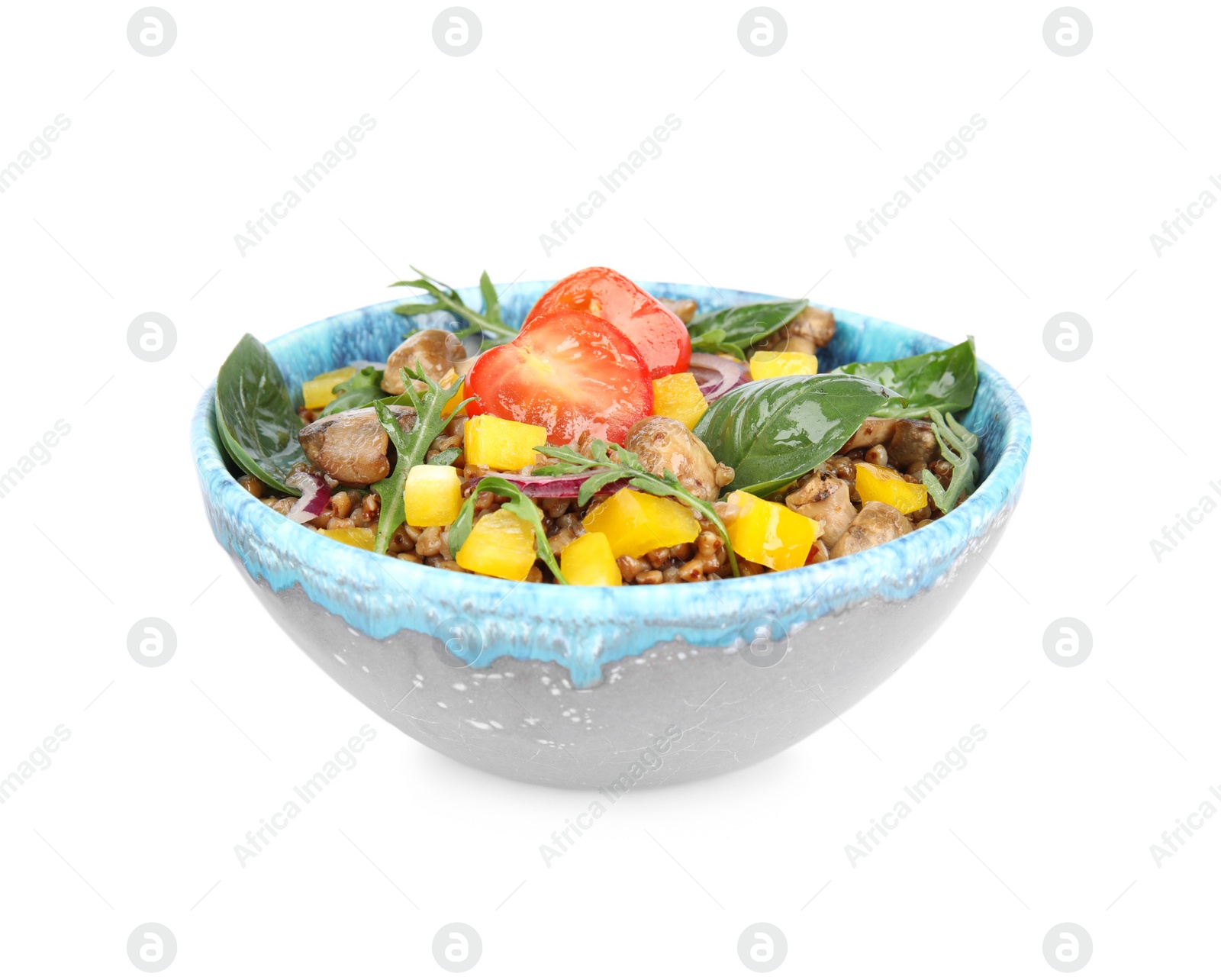 Photo of Delicious buckwheat porridge with vegetables and mushrooms on white background