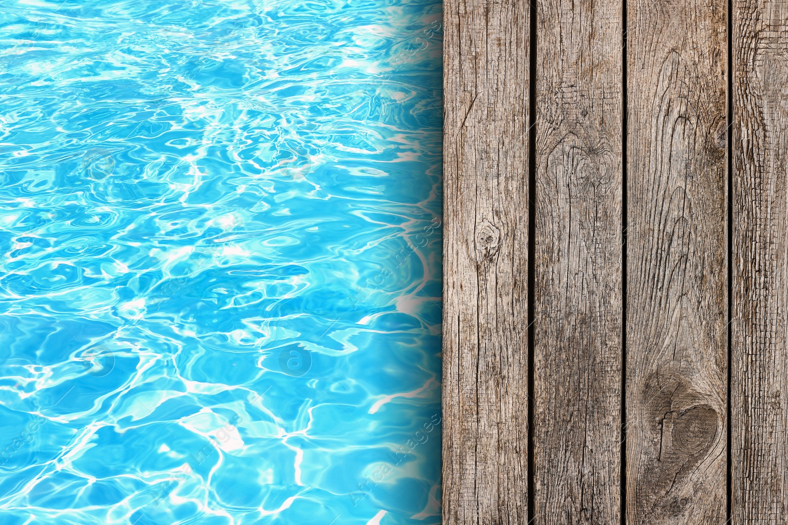 Image of Empty wooden surface near swimming pool with clear water. Space for design