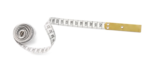 Photo of New long measuring tape isolated on white, top view