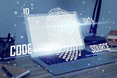Image of Fingerprint identification. Modern laptop in wooden table indoors