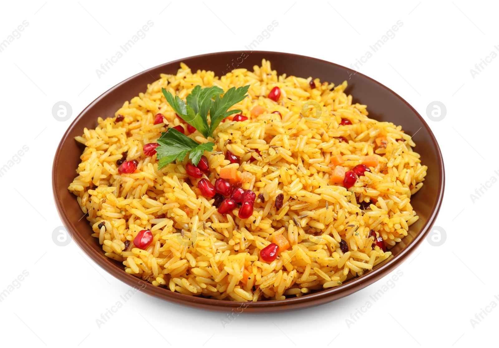 Photo of Tasty rice pilaf with pomegranate grains and parsley isolated on white