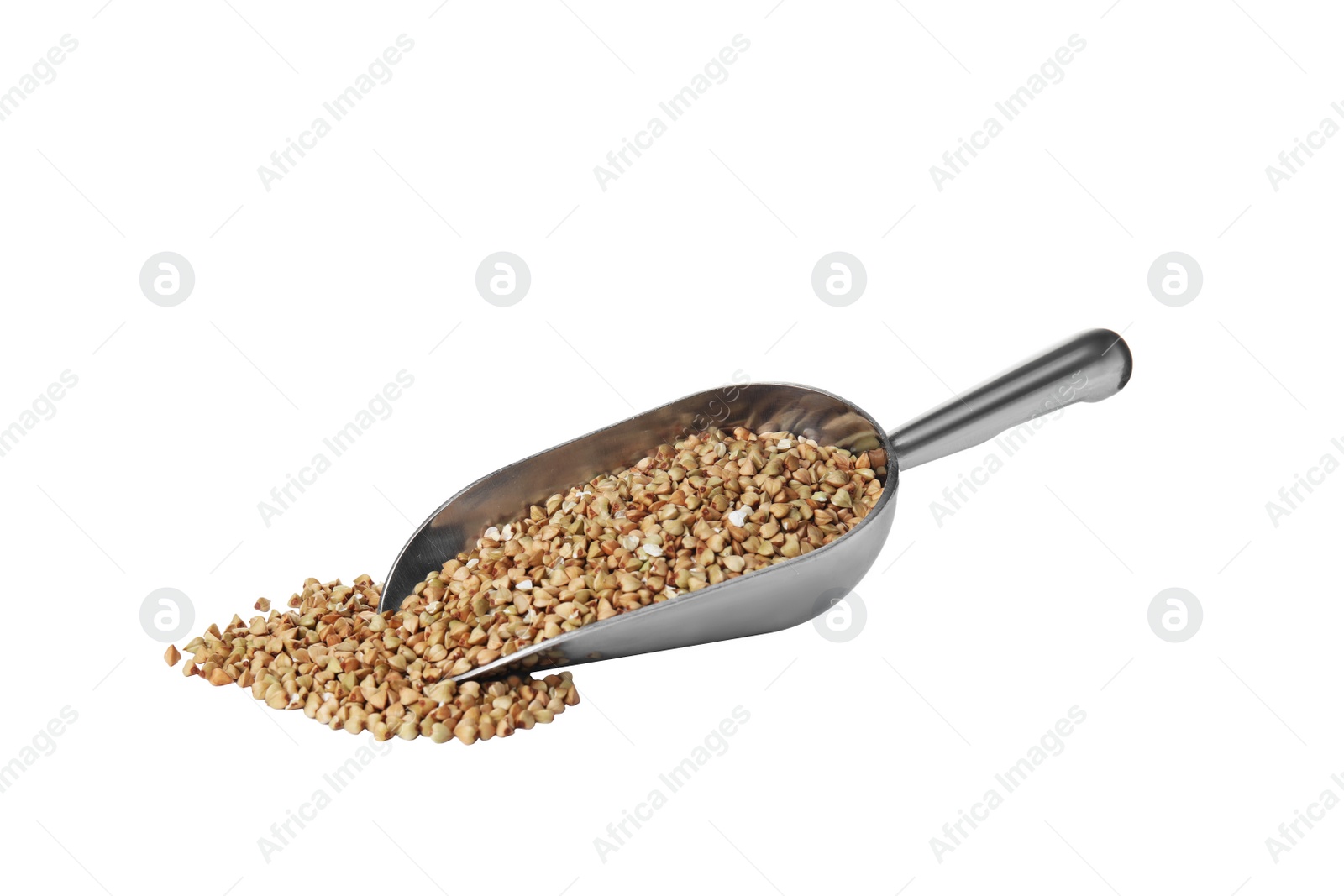 Photo of Scoop with organic green buckwheat isolated on white