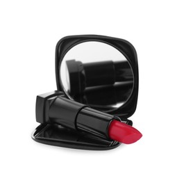 Stylish cosmetic pocket mirror and lipstick on white background