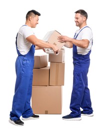 Workers wrapping box in stretch film on white background