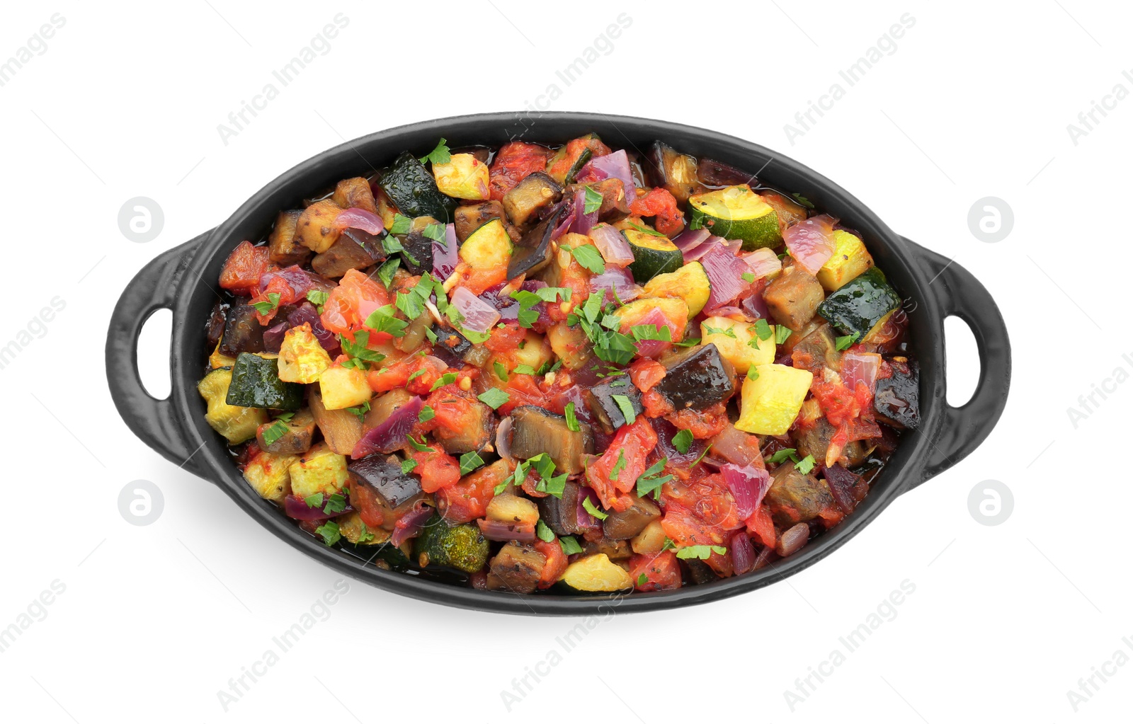 Photo of Dish with tasty ratatouille isolated on white, top view