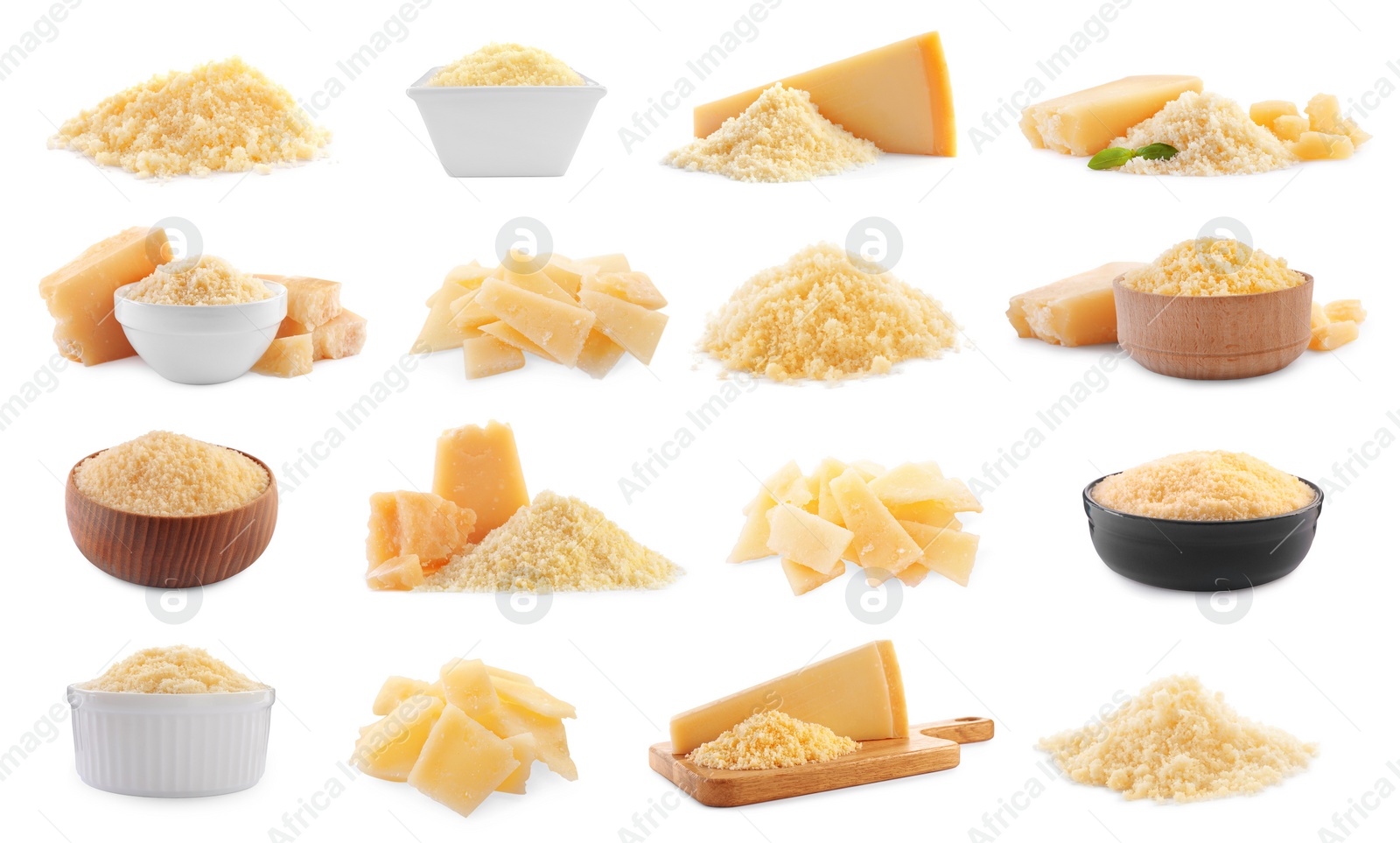 Image of Set with delicious parmesan cheese on white background