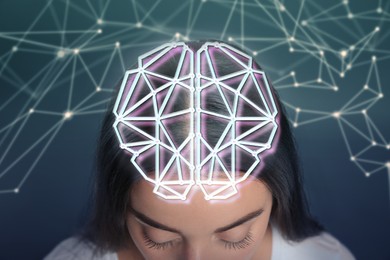 Image of Memory. Woman with illustration of brain against dark background with scheme