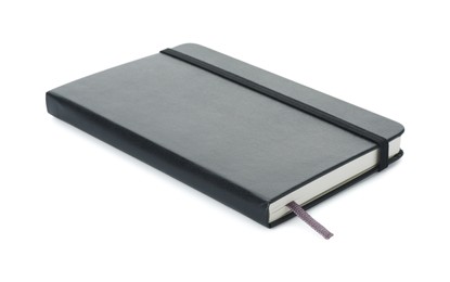Photo of Closed notebook with blank black cover isolated on white