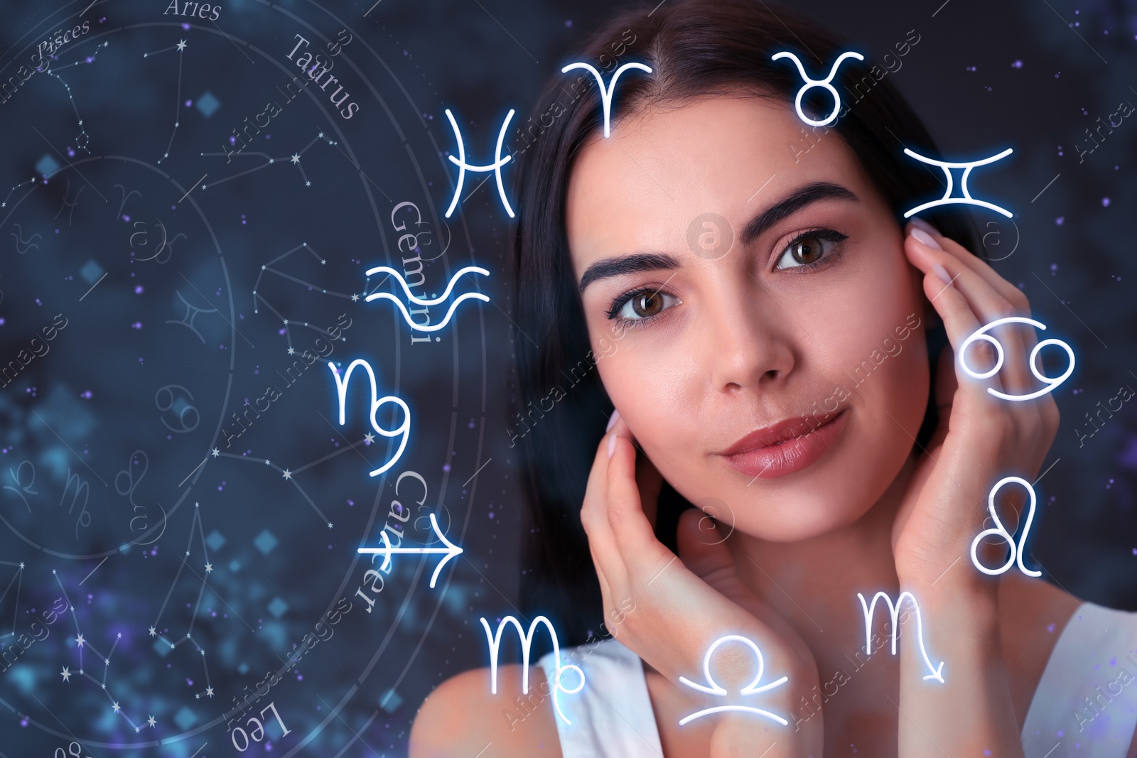 Image of Beautiful young woman and illustration of zodiac wheel with astrological signs on dark background