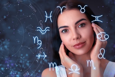Beautiful young woman and illustration of zodiac wheel with astrological signs on dark background