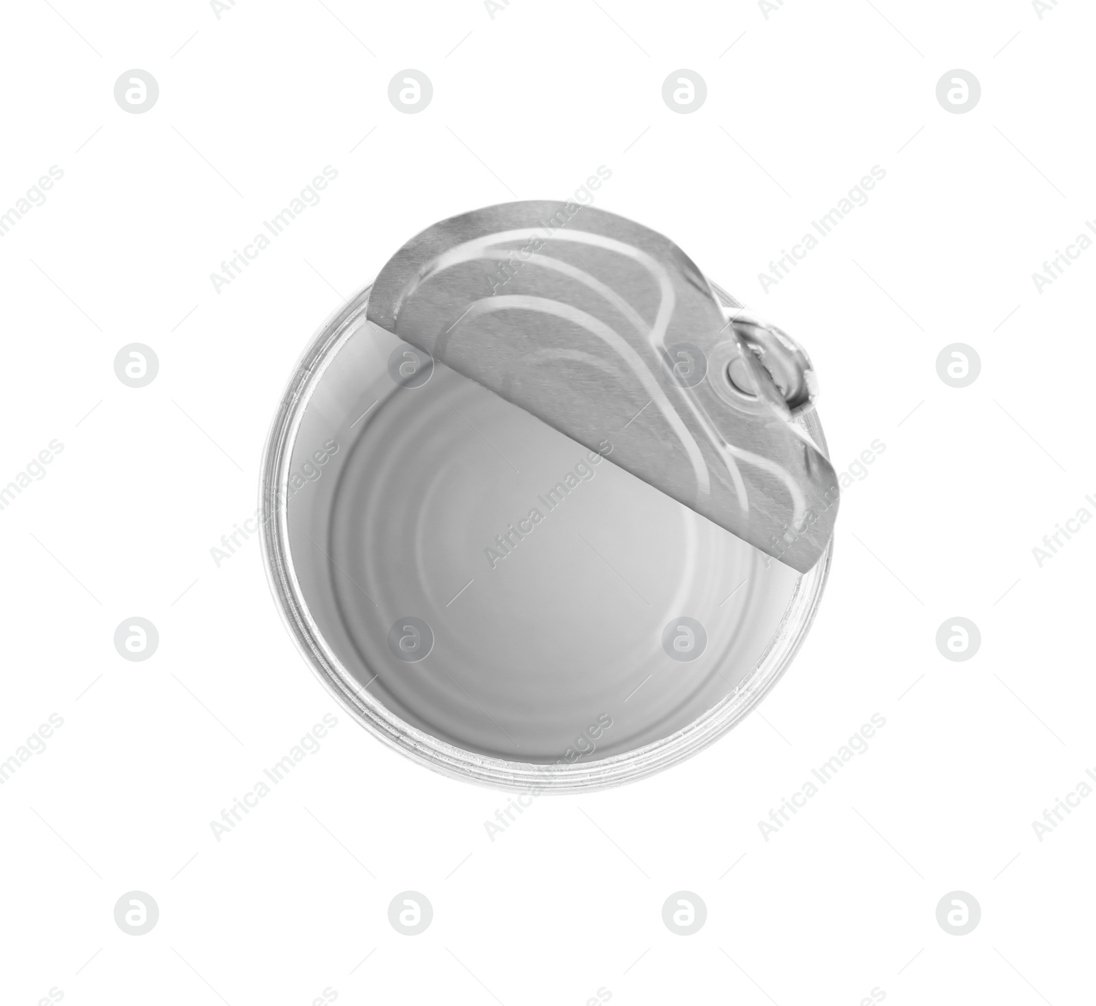 Photo of Empty aluminum can on white background, top view. Metal waste recycling