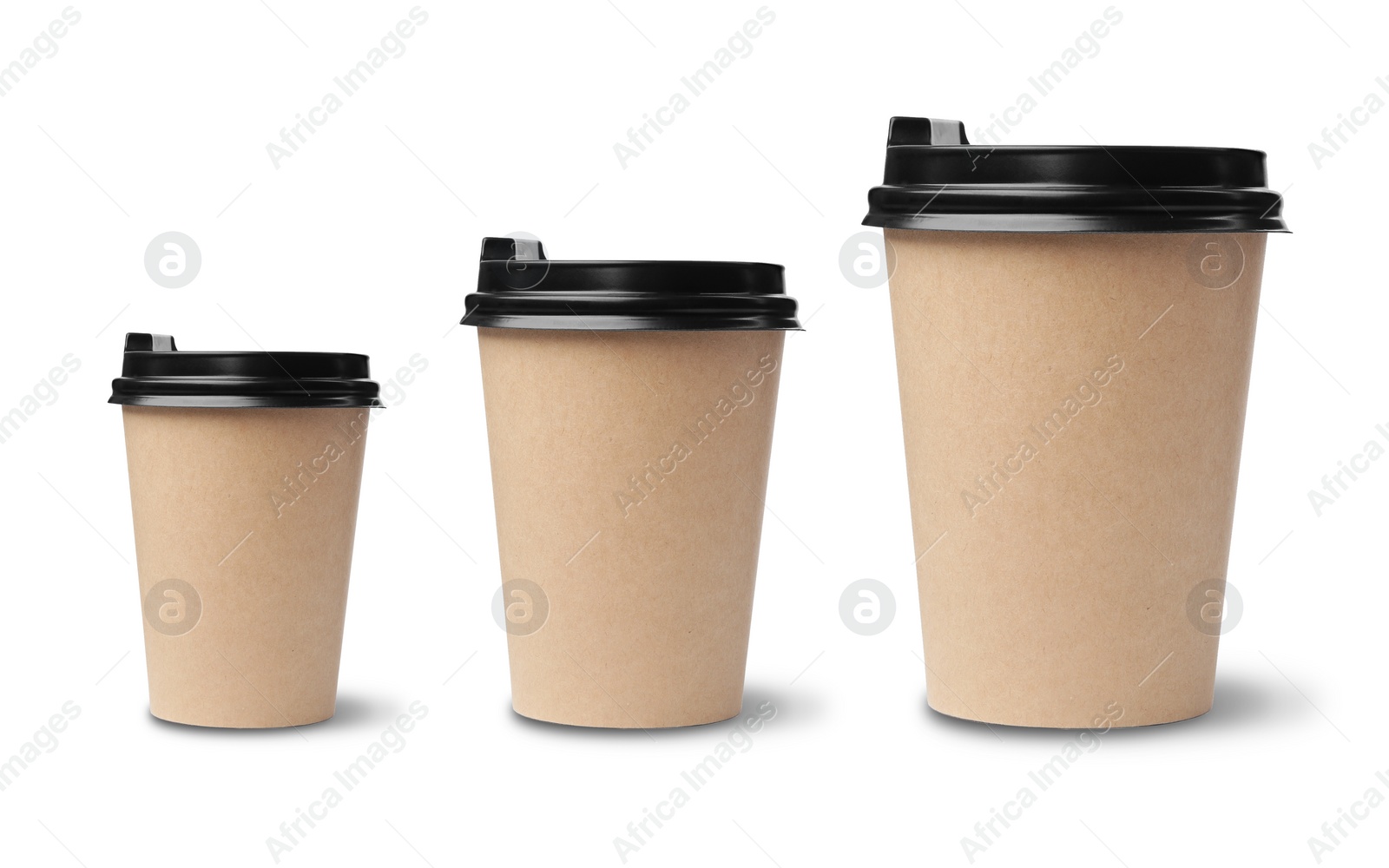 Image of Set with different takeaway coffee cups on white background