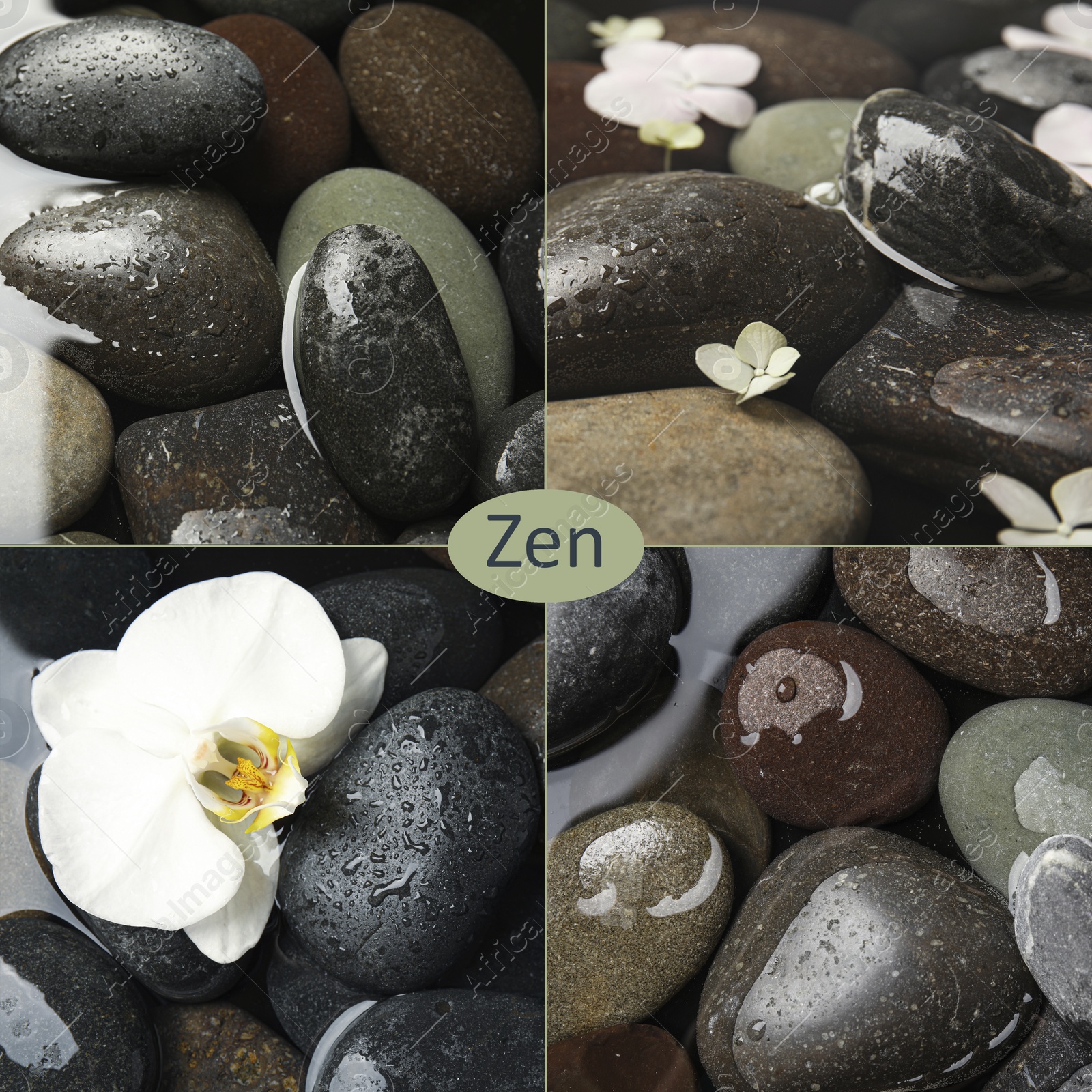 Image of Collage with photos of stones in water. Zen and harmony