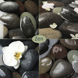 Collage with photos of stones in water. Zen and harmony