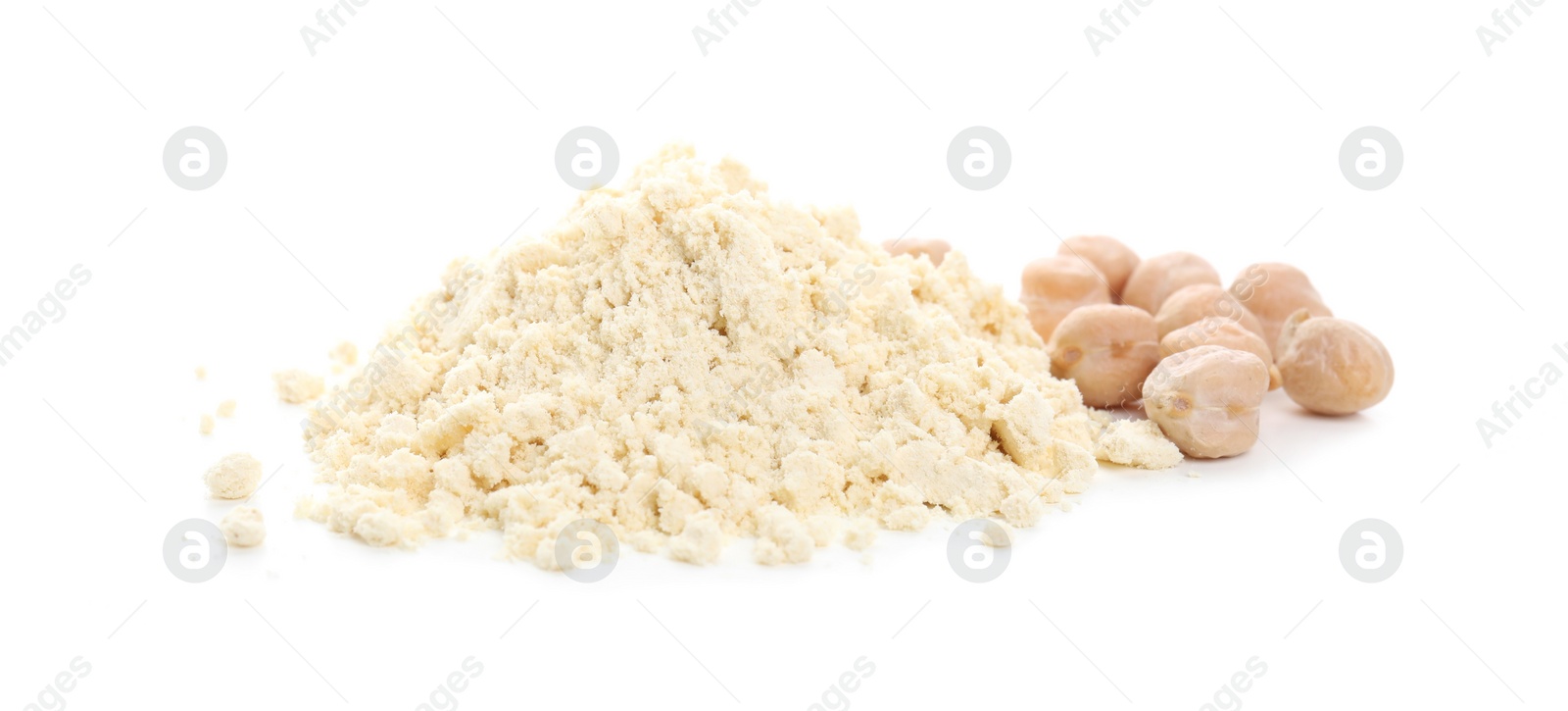 Photo of Pile of chickpea flour and seeds isolated on white