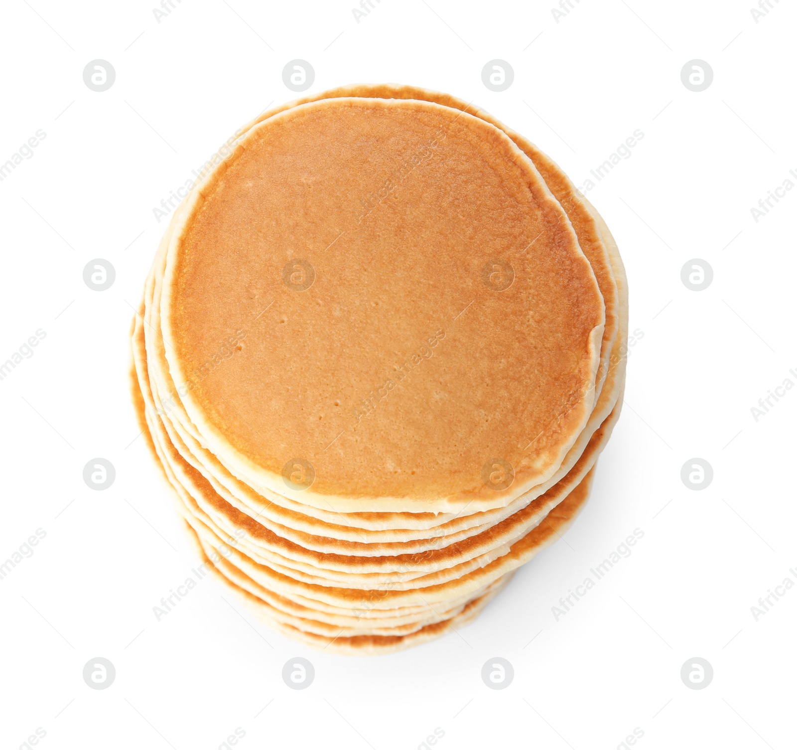 Photo of Stack of tasty pancakes on white background, top view