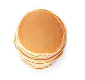 Photo of Stack of tasty pancakes on white background, top view