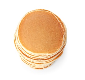 Stack of tasty pancakes on white background, top view