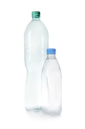 Two plastic bottles on white background. Recycle concept