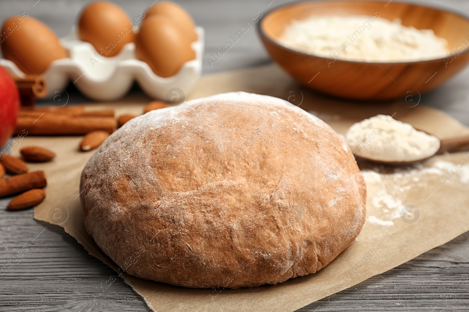 Photo of Raw rye dough and ingredients on table