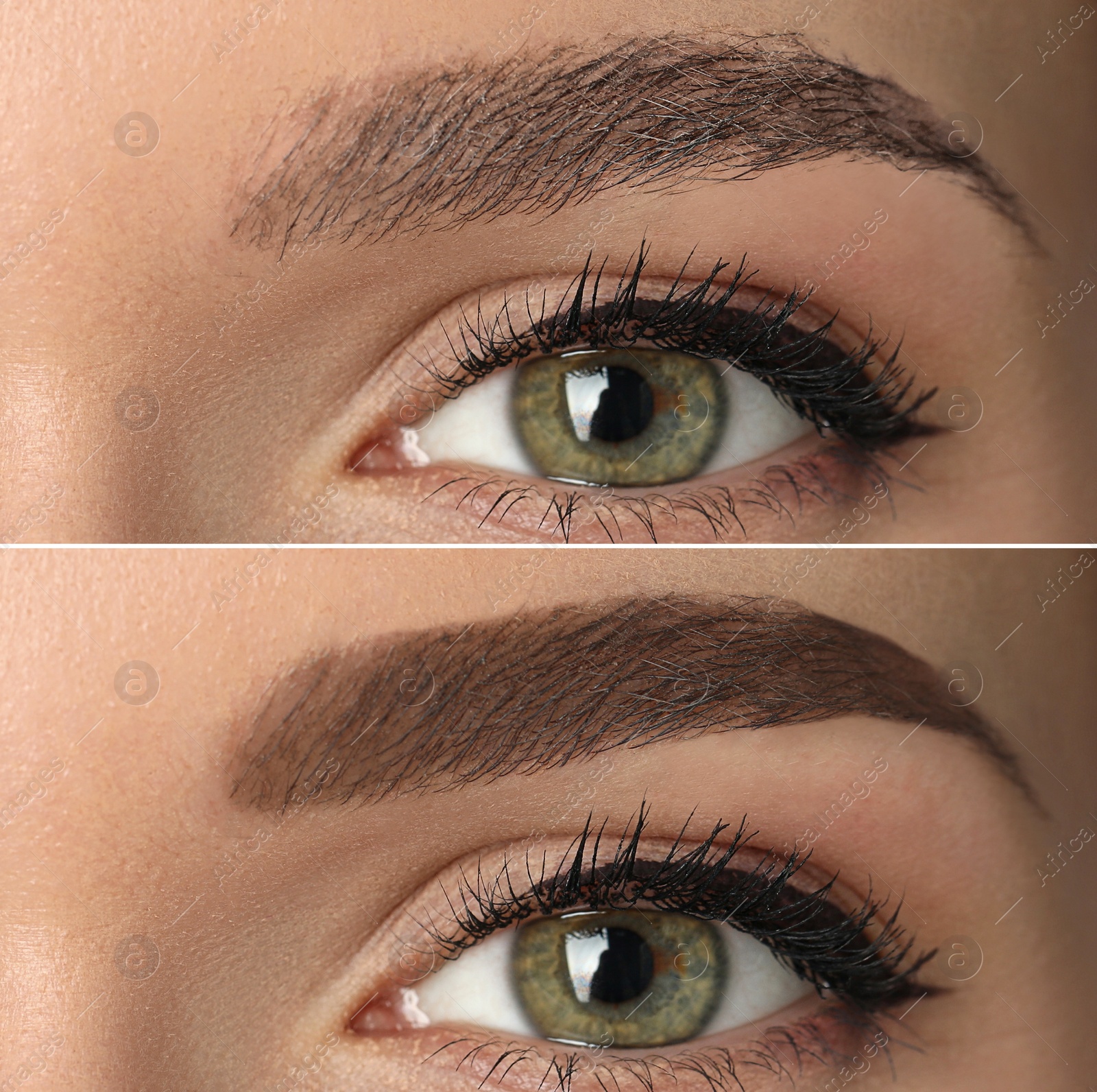 Image of Collage with photos of young woman before and after permanent makeup procedure, closeup