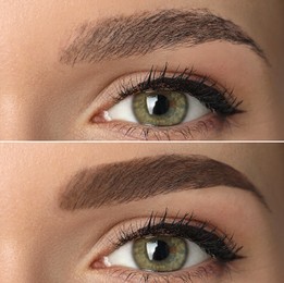 Image of Collage with photos of young woman before and after permanent makeup procedure, closeup