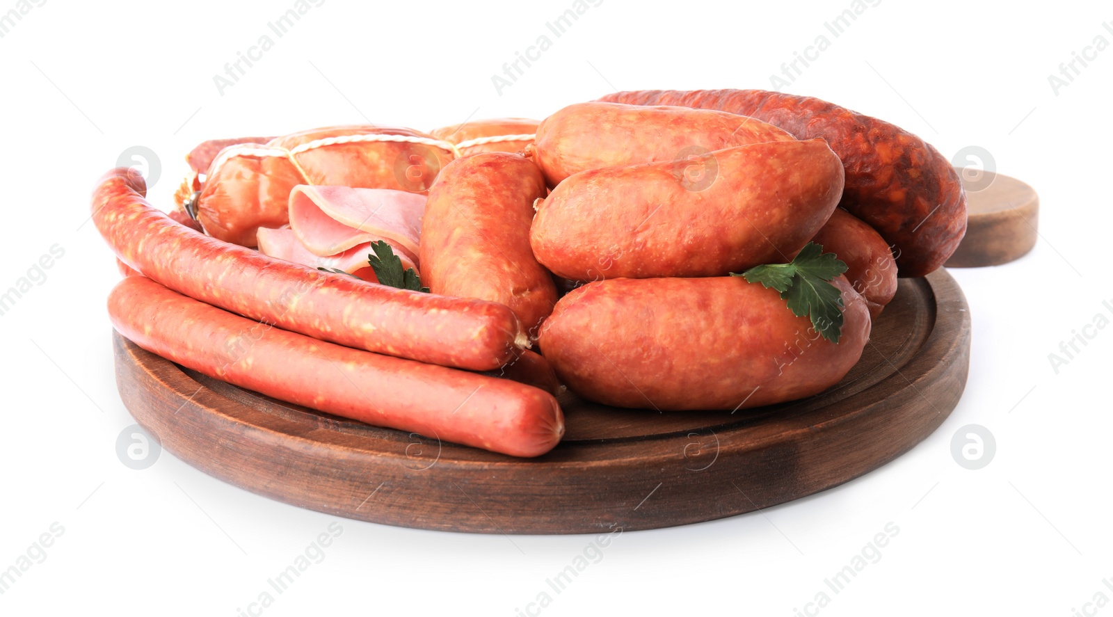 Photo of Wooden board with different tasty sausages isolated on white