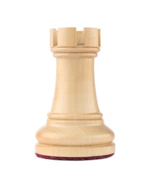 Photo of Wooden rook isolated on white. Chess piece