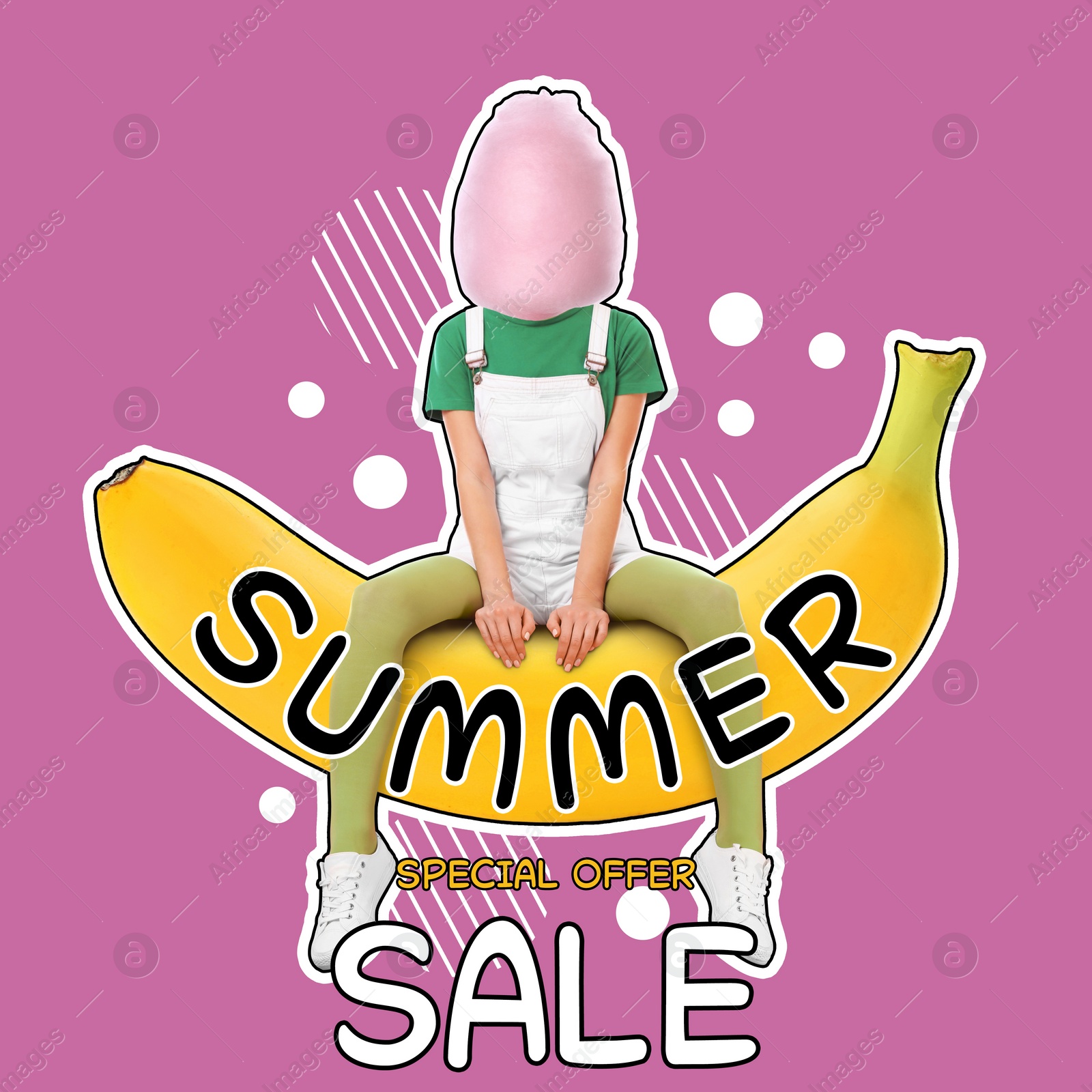 Image of Hot summer sale flyer design. Cotton candy woman sitting on banana against pink background and text