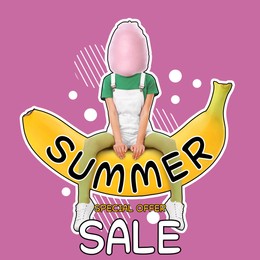 Hot summer sale flyer design. Cotton candy woman sitting on banana against pink background and text