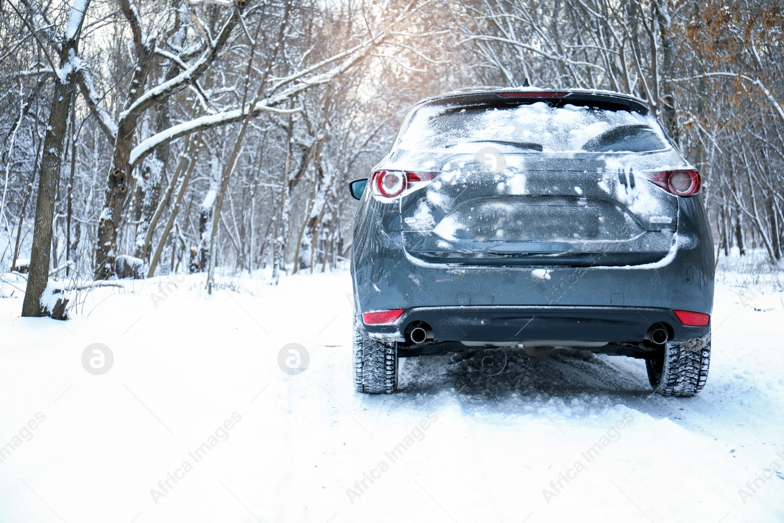 Photo of Snowy country road with car on winter day. Space for text