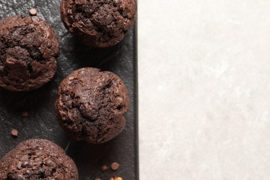 Delicious chocolate muffins on light table, top view. Space for text