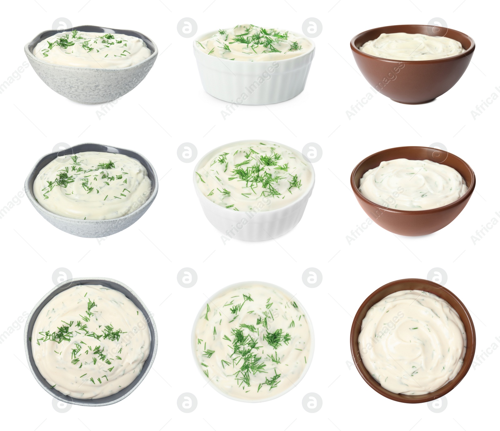 Image of Set with tasty creamy dill sauce on white background