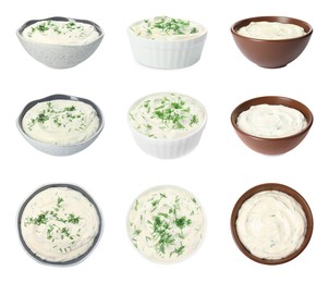 Set with tasty creamy dill sauce on white background