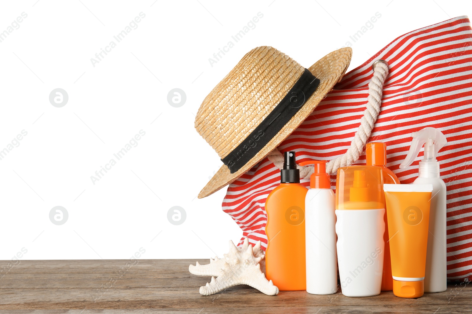 Photo of Composition with sun protection products on white background. Body care