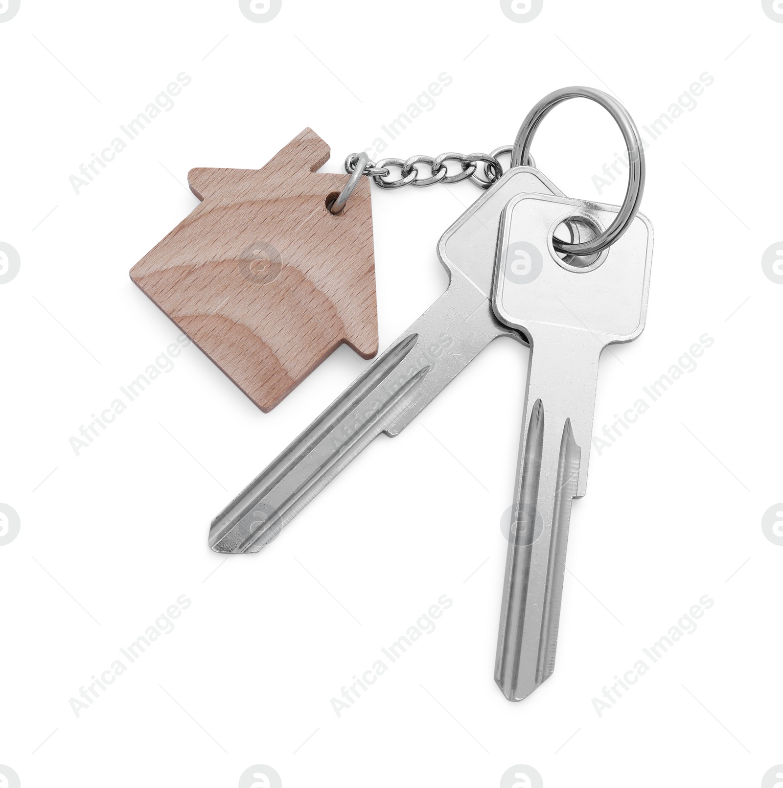 Photo of Keys with keychain in shape of house isolated on white, top view