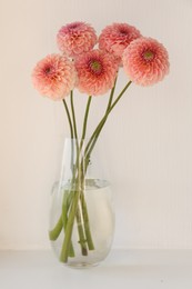 Bouquet of beautiful dahlia flowers in vase on table against light grey background