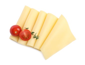 Slices of tasty fresh cheese, thyme and tomatoes isolated on white, top view
