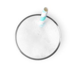Photo of Glass of fresh milk with straw isolated on white, top view