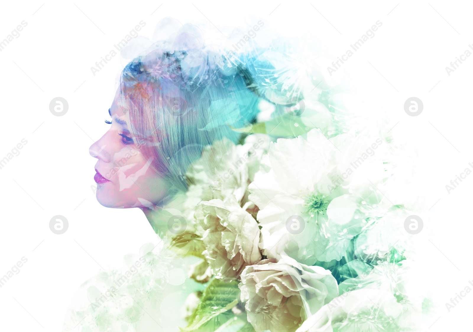 Image of Double exposure of beautiful woman and blooming flowers